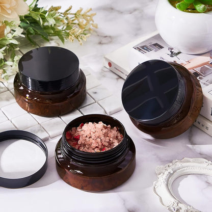 Tessco 24 Pack Plastic Jars with Lids Labels Empty Clear Plastic Jars Round Refillable Cosmetic Containers Body Butter Containers Bulk Sugar Scrub Bottle for Make Up(5 oz,Brown)