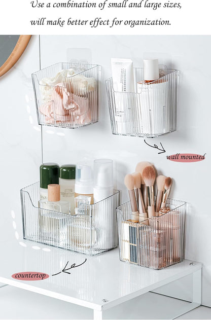 Set Of 2 Storage Organizer Bins Wall Mounted Shower Caddy, Bathroom shelves Stackable Clear Plastic Toothbrush Holder Adhesive Hanging Bin for Bathroom, Kitchen, Cabinet, Shower BPA Free Small (Clear)