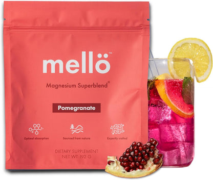 mellö Magnesium Supplement Superblend Powder - Magnesium Glycinate with L-Theanine, GABA, and 70 Trace Minerals - Supports Sleep, Relaxation, Balanced Energy - Pomegranate Flavor, 30 Servings
