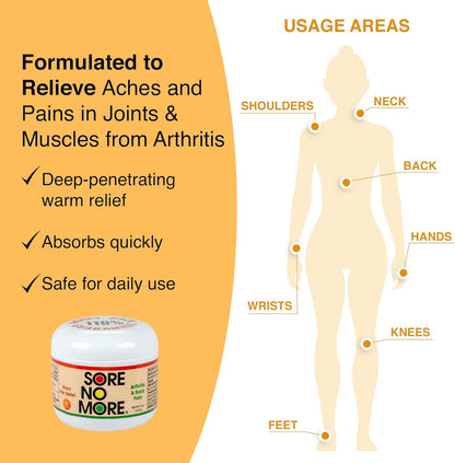 Sore No More Warm Arthritis Pain Relief Cream – Targeted Reliever for Back, Neck, Hands & Feet – Soothing & Fast-Acting Formula for Aches and Pains – Non-Greasy with Orange Aroma – 4 oz