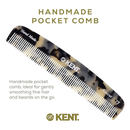 Kent 7T TW All Fine Tooth Pocket Comb for Men - Handmade Hair Comb for Men Grooming and Styling - Travel Comb for Hair Care, Mustache and Beard Care, Use Dry or with Balms, Saw Cut for Wet or Dry.