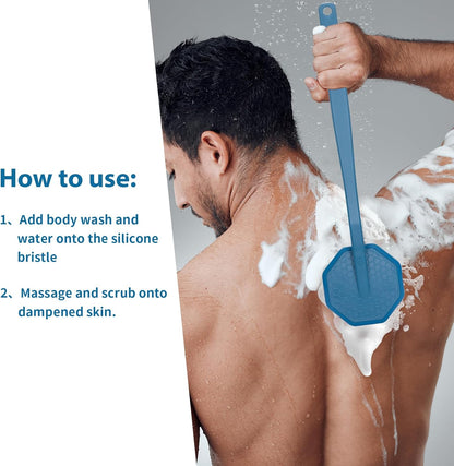iTokGoK® All New Premium Silver-Infused Silicone Back Scrubber with Long Handle Back Brush for Shower,Back Brush Long Handle for Men and Women,Ergonomic No-Slip Handle, Long-Lasting (Blue)
