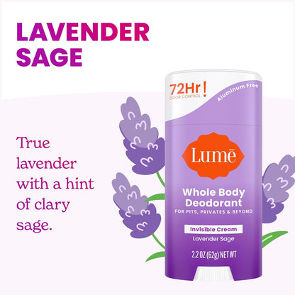 Lume Deodorant Cream Stick - Underarms and Private Parts - Aluminum-Free, Baking Soda-Free, Hypoallergenic, and Safe For Sensitive Skin - 2.2 Ounce (Pack of 2) (Lavender Sage)