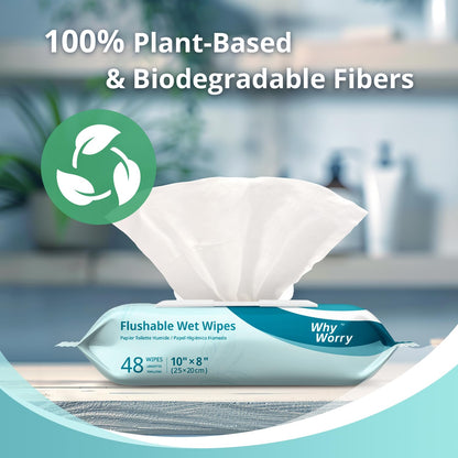 WhyWorry Flushable Wipes for Adults, Extra Large 8"x10" Butt Wipes for Personal Hygiene & Cleansing, with Chamomile and Vitamin E, 100% Plant-Based, Septic & Sewer Safe, Unscented, 48 Count