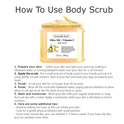 Olive Oil + Vitamin C Body Scrub 10 oz - A long lasting hydration while improving its texture - The best stocking stuffer
