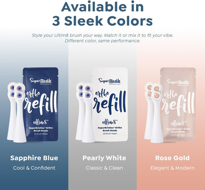 SuperMouth® SuperBristles® Ortho Replacement Brush Heads for Ultim8 SmartBrush – Ultra-Soft Bristles Clean 60X Better Around Braces, Advanced Sonic Cleaning, Dual Modes, 3 Color Options