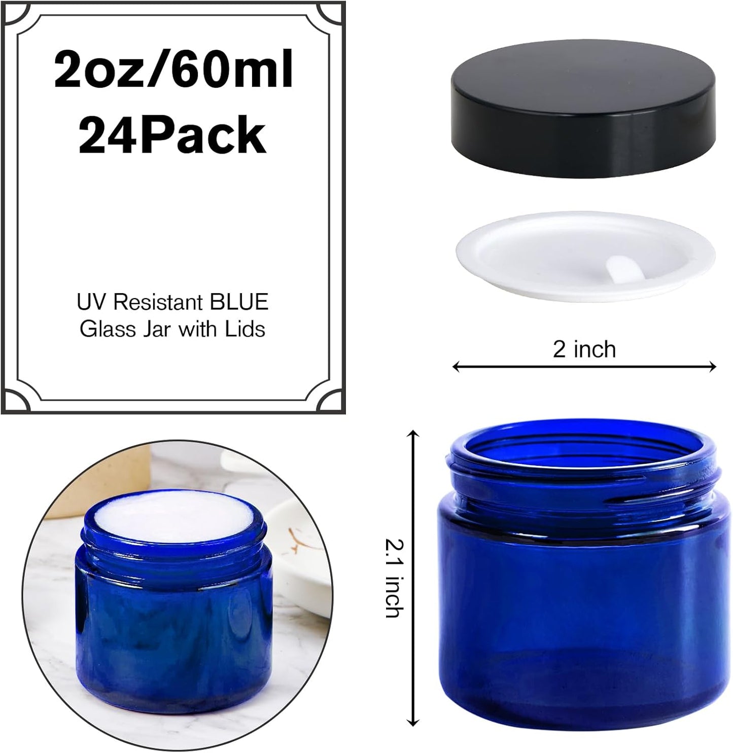 2oz Jars with Lids, Hoa Kinh 24 Pack Blue Glass Jars with Lids Empty Cosmetic Containers Round Airtight Glass Jar with Inner Liners and black Lid for Storing Lotions, Powders, and Ointments