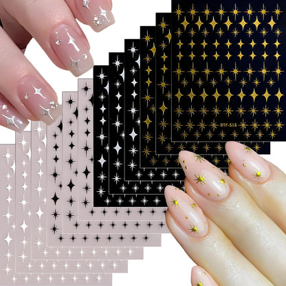 3D Self-Adhesive Star Nail Art Stickers - 12 Sheets Silver Gold Black White Decals for Acrylic Nails - Nail Design Supplies for Women Girls