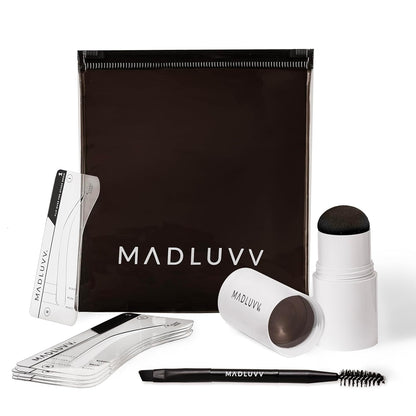 MADLUVV Brow Stamp Kit with Brow Stencils – Easy Eyebrow Shaper for Natural-Looking Brows – Popular Eyebrow Stencil Kit Used by Professionals – 9 Shapes, Spoolie, Travel Bag & Stamp (Medium Brown)