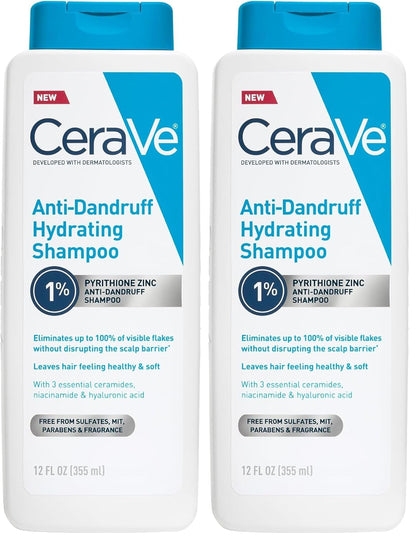 CeraVe Hydrating Anti Dandruff Shampoo, 1% Pyrithione Zinc Dandruff Treatment With Ceramides, Niacinamide & Hyaluronic Acid, Helps Eliminate Flakes & Provides Itchy Scalp Relief, Sulfate Free, 12 Oz
