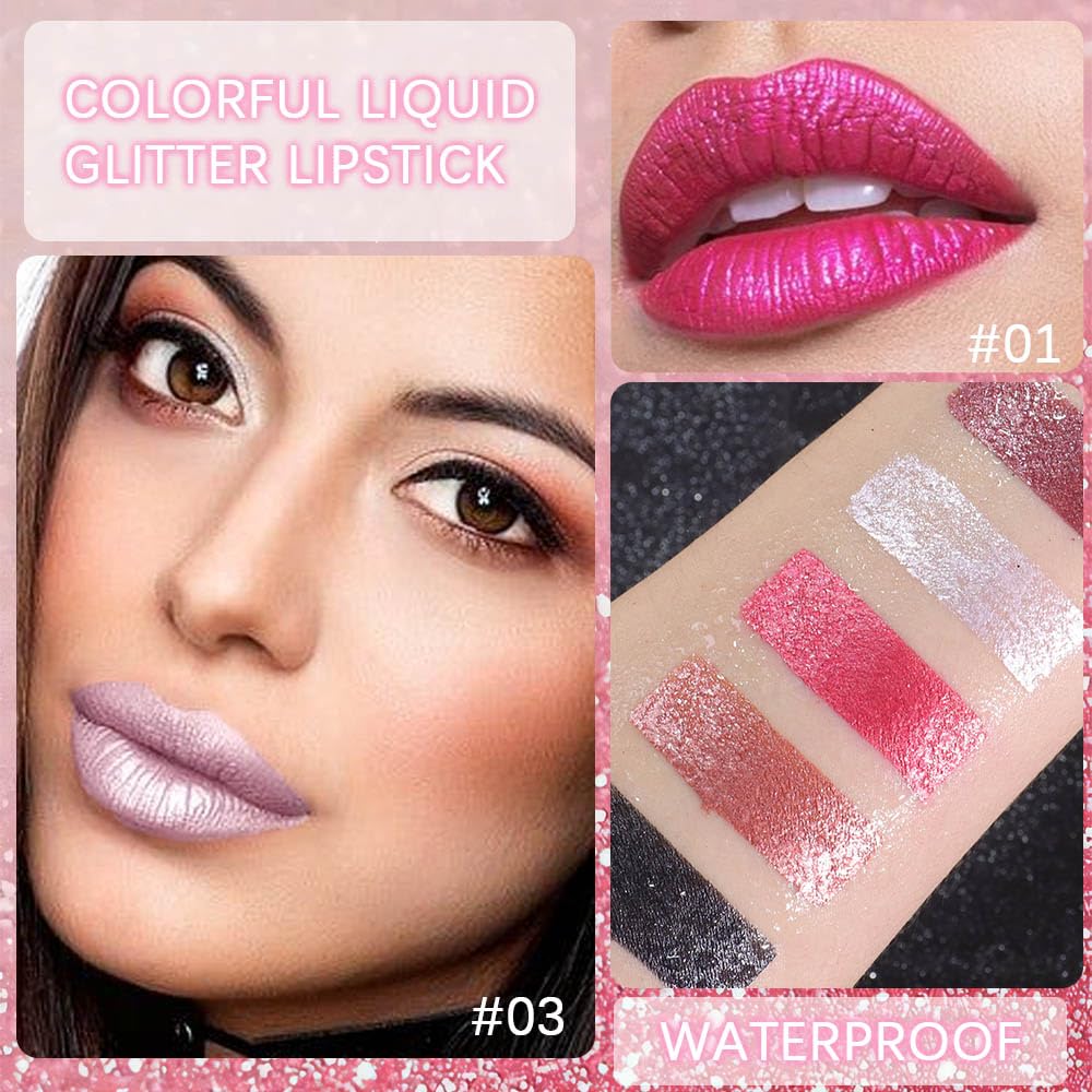 evpct 6Pcs Rose Pink Dark Wine Mauve Sexy Red Black Lilac Metallic Shimmer Glitter Lip Gloss Liquid Lipstick Set for Women Long Lasting Waterproof 24, Pearlescent Sparkly Glossy Lipsticks Lip Makeup