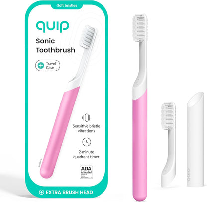 Quip Sonic Toothbrush for Adults with Timer - Includes Extra Brush Head and Travel Cover Mount - Electric, Soft Bristle Refill Head, Plastic Handle, 3 Month Battery Life - Travel Toothbrush - Magenta