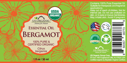 US Organic 100% Pure Bergamot Essential Oil, USDA Certified Organic, Cold Pressed, with Euro droppers (More Size Variations Available) (30 ml / 1 fl oz)