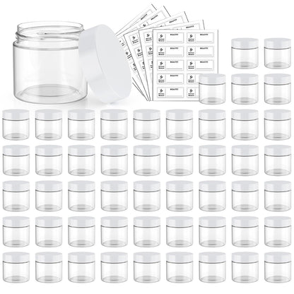 50 Pack 2 OZ Plastic Jars Round Clear Cosmetic Container Jar with White Lids, Eternal Moment Plastic Slime Jars for Lotion, Cream, Ointments, Makeup, Eye shadow, Rhinestone, Samples, Travel Storage