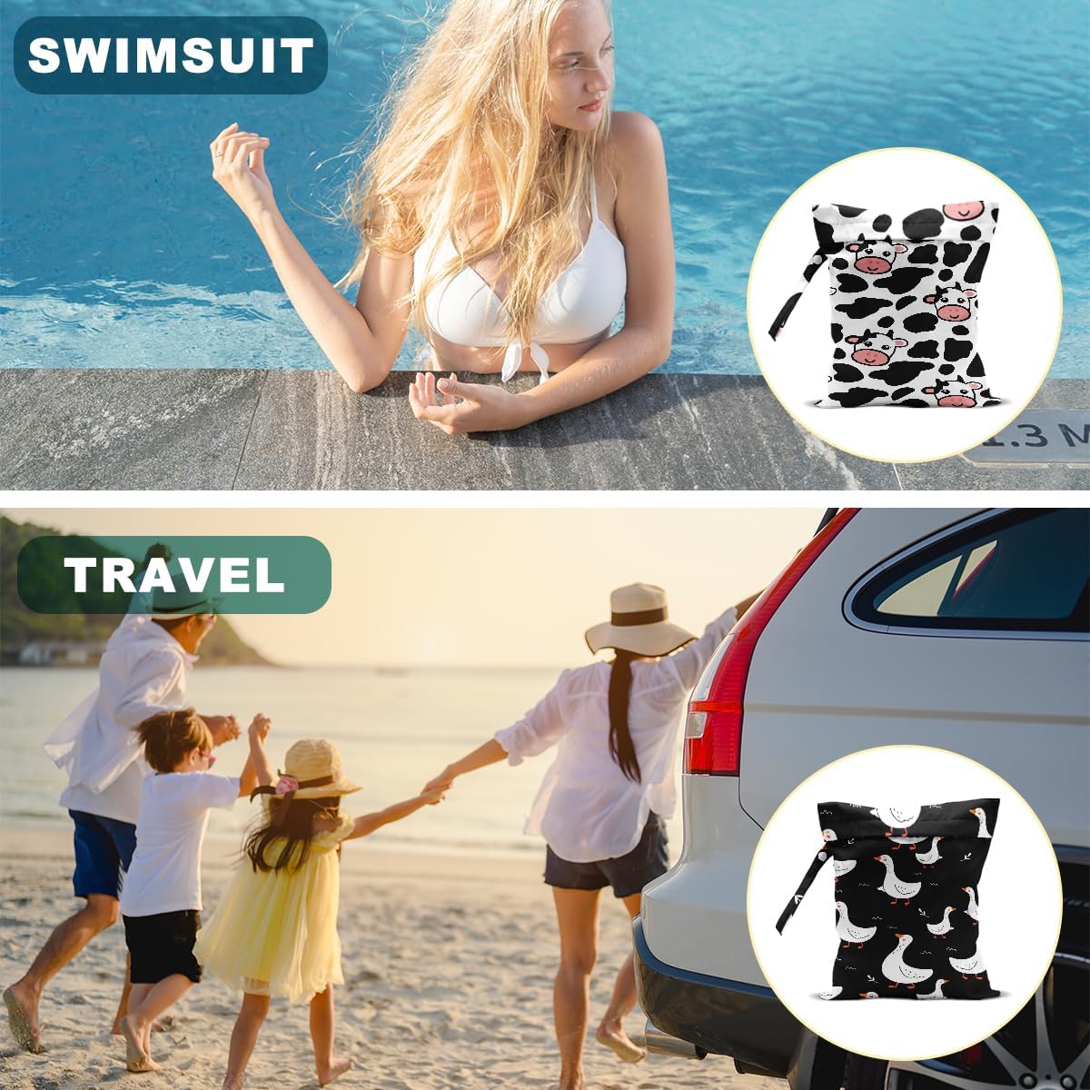 Cow Gifts for Women, 2Pcs Wet Bags, Wet Dry Bag Reusable for Swimsuit, Travel, Diapers, Pool, Beach, Dirty Yoga Gym Clothes, Toiletries, Makeup Bag, Waterproof Goose Cow Print Stuff Birthday Gifts