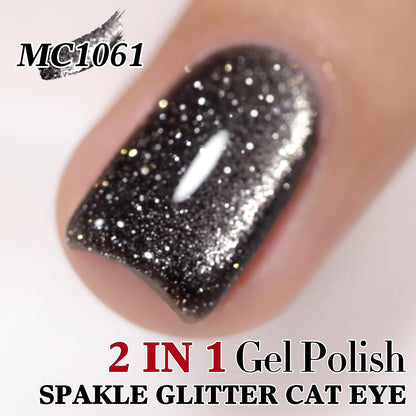 Double Rhythm Jelly Glass Cat Eye Gel Polish with Magnet 15ML Holographic Glitter Shimmer Translucent Sheer Color Magnetic Nail Polish Salon DIY at Home (Black Glitter-MC1061)