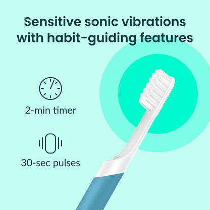 Quip Plastic Sonic Electric Toothbrush for Adults - Time Travel & Soft Bristles with Travel Case & Replacement Brush Head - 3 Month Battery Life - Marine Blue