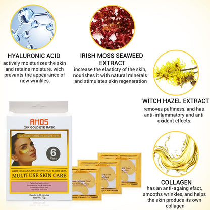 24K Gold Eye Masks for Dark Circles and Puffiness (6 Pairs) with Collagen, Aloe Vera & Hyaluronic Acid-Anti-Aging Under Eye Patches for Dark Circles and Puffiness-Reduce Wrinkles