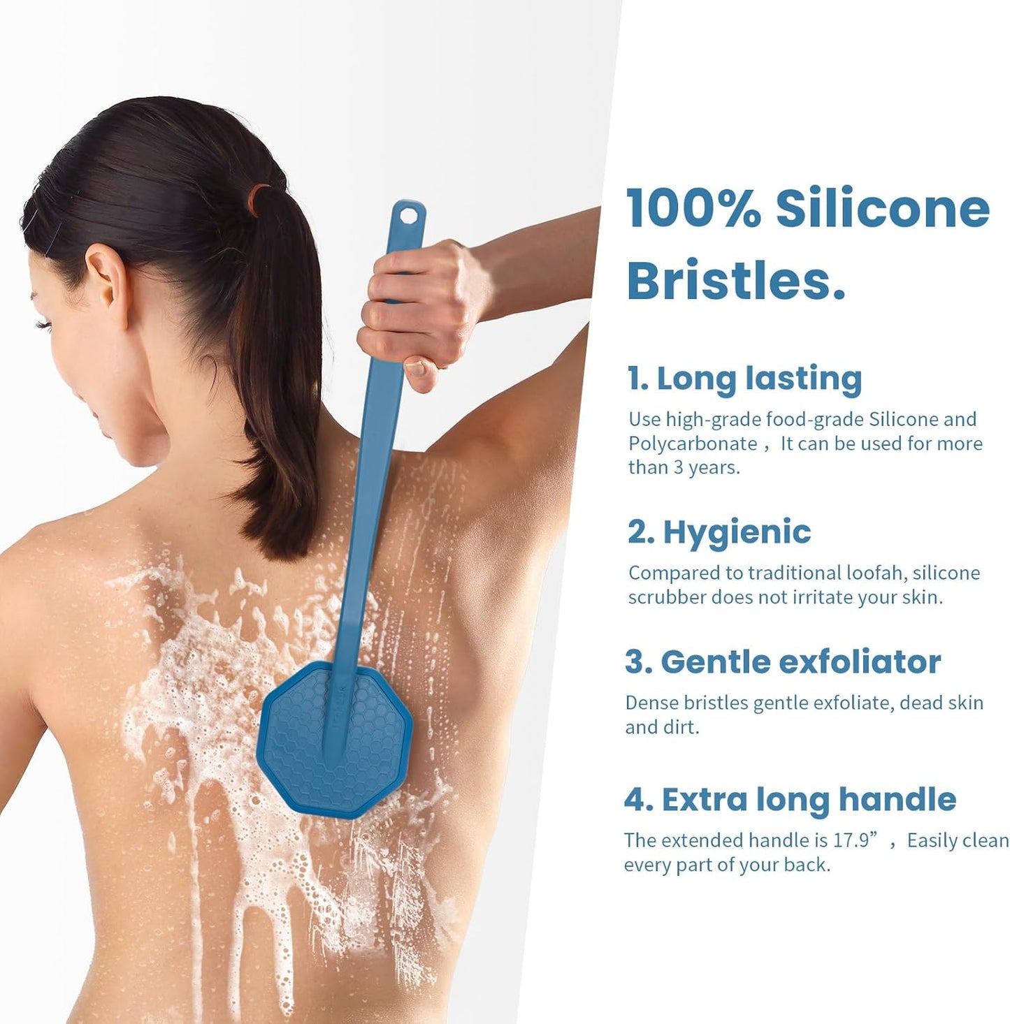 iTokGoK® All New Premium Silver-Infused Silicone Back Scrubber with Long Handle Back Brush for Shower,Back Brush Long Handle for Men and Women,Ergonomic No-Slip Handle, Long-Lasting (Blue)