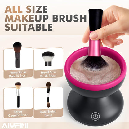Alyfini Electric Makeup Brush Cleaner Machine, Powerful Friction Removes Residue on Make up Brushes Set/Sponge/Powder Puffs, Efficient Cleaning, Portable Spinning Washer, Save Cleanser & Shampoo
