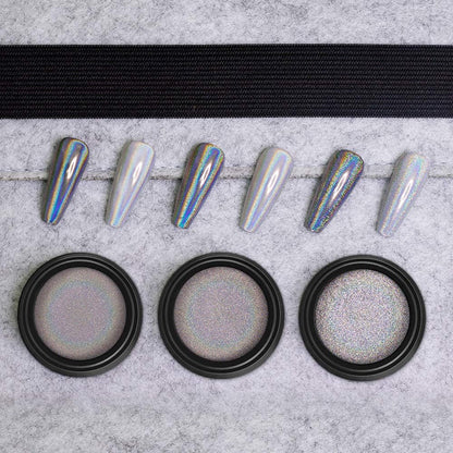 Artdone 3jars Holographic Chrome Nail Powder 1Gram Each, Unicorn Holo Rainbow Mirror Effect 20um 35um 65um Nail Pigment kit For Gel Polish Nail Art crome Set