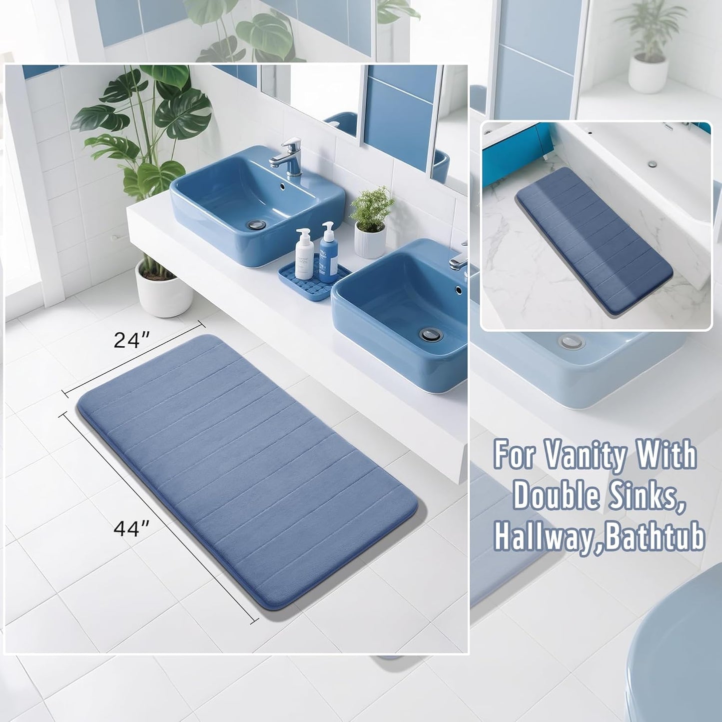 Yimobra Long Bath Mat 44"x24", Super Soft Quick Dry Memory Foam Bathroom Rug, Water Absorbent, Non Slip Backing Machine Washable for Tub Shower, Thick Comfort Support, Denim Blue