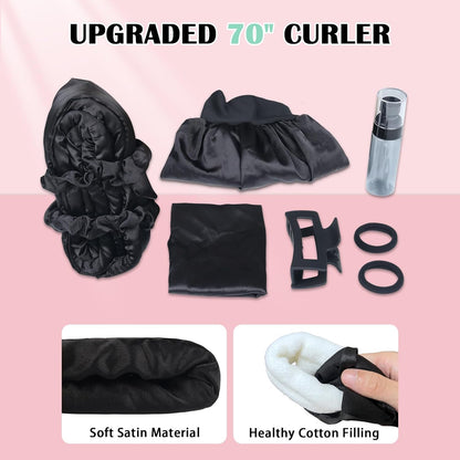 Satin Heatless Curls Overnight Hair Curlers to Sleep In Hair Curler Rollers No Heat Hair Wrap for Curls Headband, 70" Satin Heatless Curling Rod Set for Women Long Waves Hair Volume -Black 9PCS