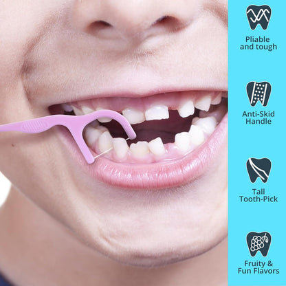 Flavored Floss Picks, 300 Count, Dental Floss Picks for Teeth with Fun Fruit Flavors, Flosser Picks for Adults and Children, | Strawberry, Cherry & Grape Flavor
