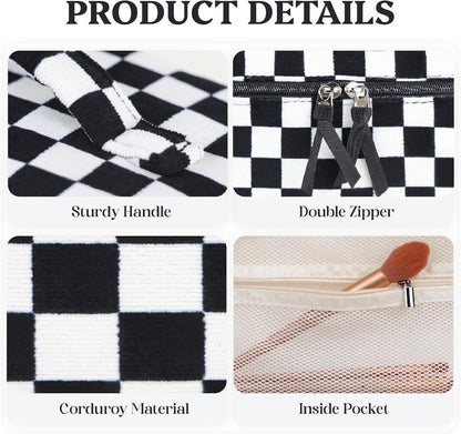Prite Corduroy Large Travel Quilted Makeup Bag for Women Floral Cotton Cosmetic Bag Coquette Aesthetic Floral Toiletry Organizer Bag(Dark Checkerboard)