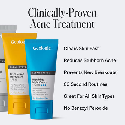 Geologie Clear System | 3-Step Acne Treatment & Skincare Set | Clears Skin Fast | Acne Gel Cleanser, SPF15 Day Cream & Retinol Face Cream For Men & Women | Month 1 / Level 1