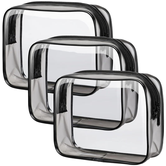 PACKISM Clear Toiletry Bag - 3 Pack TSA Approved Toiletry Bag Quart Size Bag, Travel Makeup Cosmetic Bag for Women, Carry on Airport Airline Compliant Bag, Black