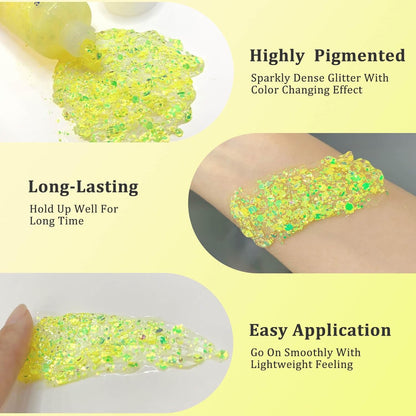 MEICOLY Chameleon Yellow Body Glitter,Chunky Face Glitter for Halloween,Color Changing Mermaid Glitter Face Paint,Holographic Glitter Sequin for Face Body Hair,Festival Party Cheer Glitter Makeup,50ml