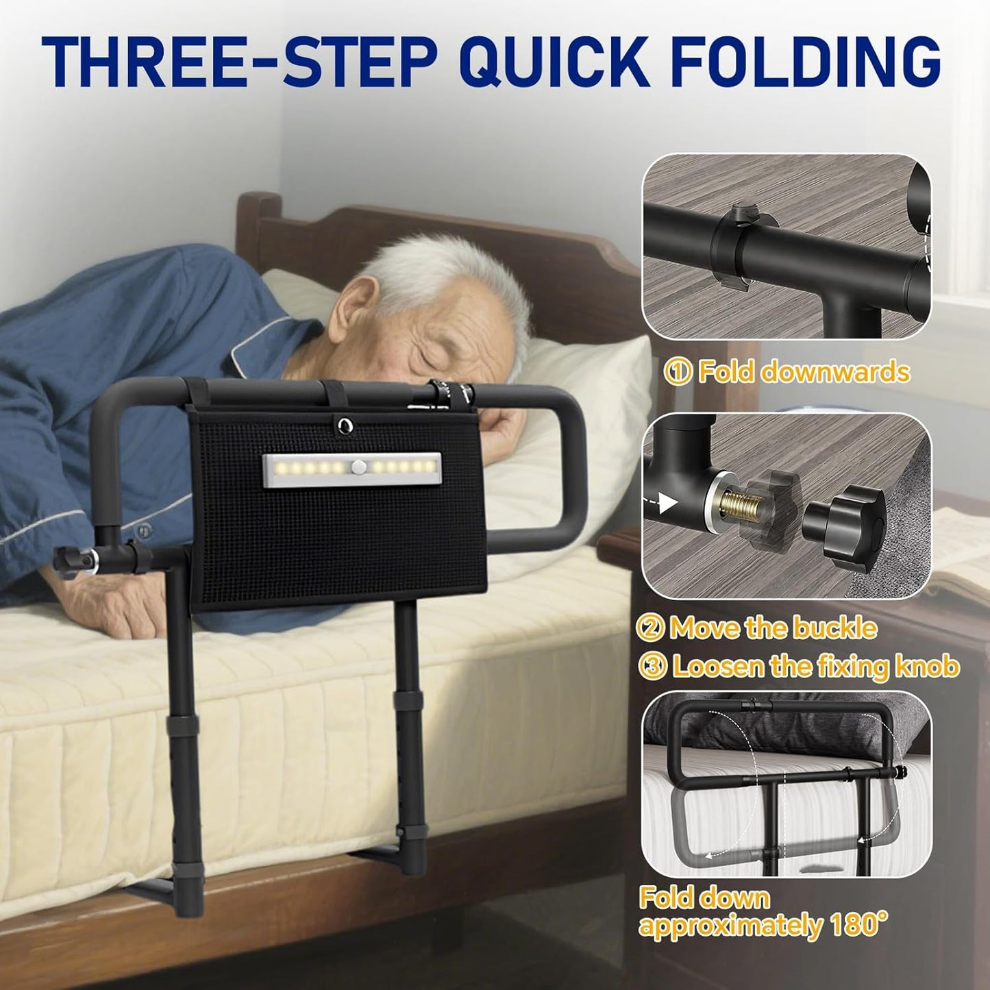 Foldable Bed Rails for Elderly Adults - 300 lbs Weight Capacity, 5-Level Height & 3-Level Arm Adjustment, Portable Bed Assist Rail with Night Light & Storage Bag, No-Drill Installation