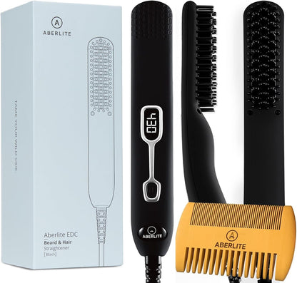 Aberlite EDC - Men's Professional Heated Beard Straightening Brush and Grooming Tool (for 0.5 inch plus Beards) (Black)