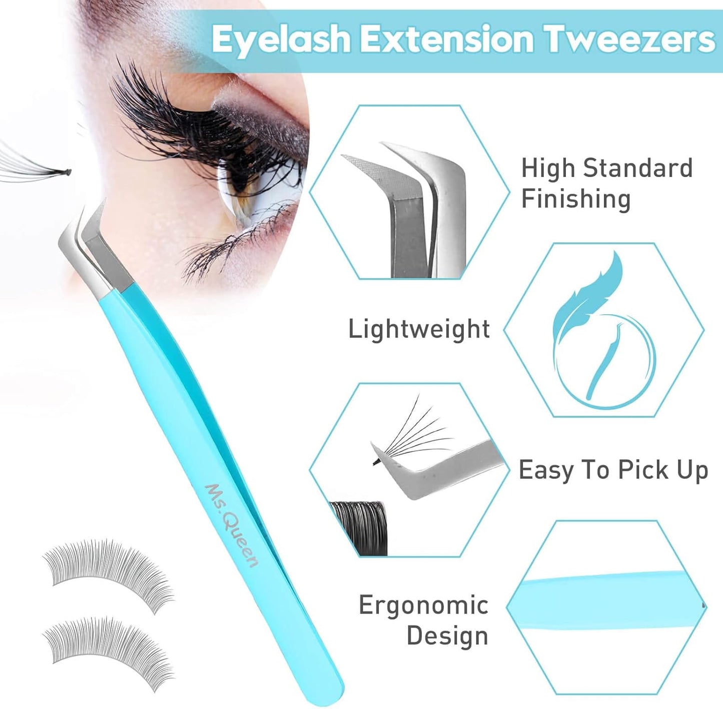 Ms.Queen Volume Lash Tweezers, Fiber Grip L-Angled Tips Boot Tweezers for Mega Volume Eyelash Extensions, Blue