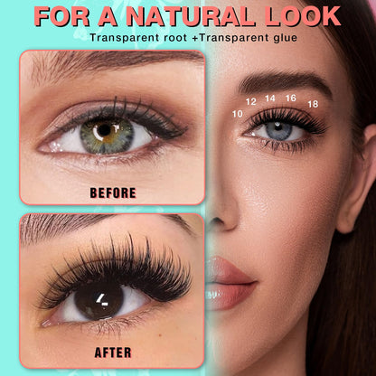 No Glue Needed Lashes, Self Adhesive Eyelashes, DIY Lash Cluster Eyelash Extensions Kit 10‑18mm,120pcs Fluffy D Curl Soft Natural Lashes with Tweezers–Fake Cat Eye Wispy Individual Clusters(NGDY101)