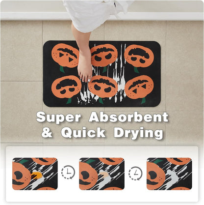 Halloween Bath Mat, Thin Halloween Bathroom Rug Non-Slip Quick Dry Pumpkin Bath Mat Fits Under Door Thin Floor Mat Halloween Decor, 17’’x30‘’, Pumpkins Black