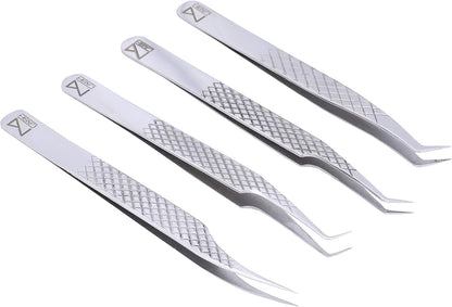 M LASH Eyelash Extension Tweezers (Set of 4) - Professional & Precision Lash Tweezers for Eyelash Extensions - Japanese Steel, Diamond Grip, Fiber Tip V3 (Silver)