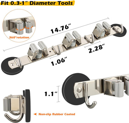 MUTUACTOR Magnetic Broom Holder,Non-slip Heavy Duty Broom and Mop Hanger Metal Tool Holder 3 Racks and 4 Hooks for Laundry Garage Kitchen Factories Workshops Organization and Storage(1 Set)