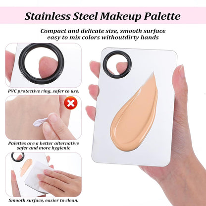 4 Pcs Makeup Foundation Mixing Palette Set Including Make Up Spatula, Makeup Brush, Palette Tray, Powder Puff, Foundation Makeup Mixing Palette, Makeup Palette Tray (Stainless Steel)