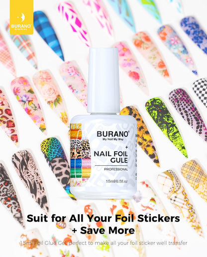 BURANO Nail Art Nail Foil Glue Gel, o.5 oz with 10PCS Foil Stickers Set Nail Foil Glue for Nails Foil Transfer Gel, Nail Design DIY UV LED Lamp Required (Animal Foil 07)