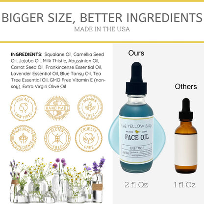 Yellow Bird Balancing Blue Tansy Face Oil 2 oz / 59 ml – Skin Glowing Serum. Collagen Support. Promotes Clear Skin Naturally. Wrinkle, Blemish & Pore Minimizer. Natural, Vegan Facial Moisturizer.