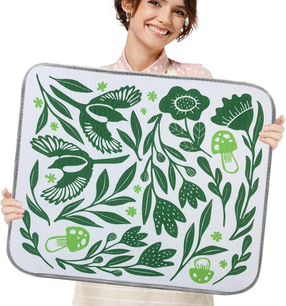 SHIYUE Dish Drying Mat for Kitchen Counter Super Absorbent Spring Kitchen Decor Microfiber Drying Matainers Rack Fast Pad Dish Drainer Mats(Green Flower Bird,18''x24'')