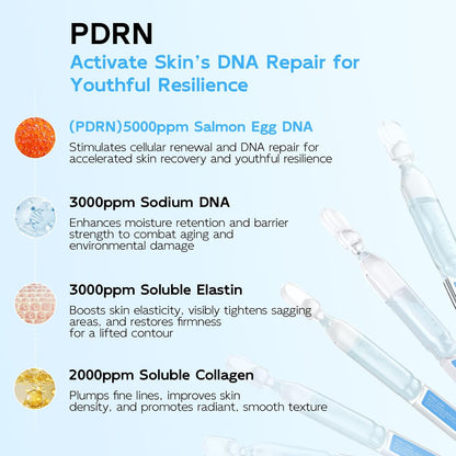 Salmon DNA PDRN Anti-Aging Serum, 5000ppm Salmon Egg DNA Ampoule, 2000ppm Collagen, Glutathione, Niacinamide & 6 Hyaluronic Acids, Korean Skincare for Wrinkles & Radiance,0.05 fl.oz x 30e
