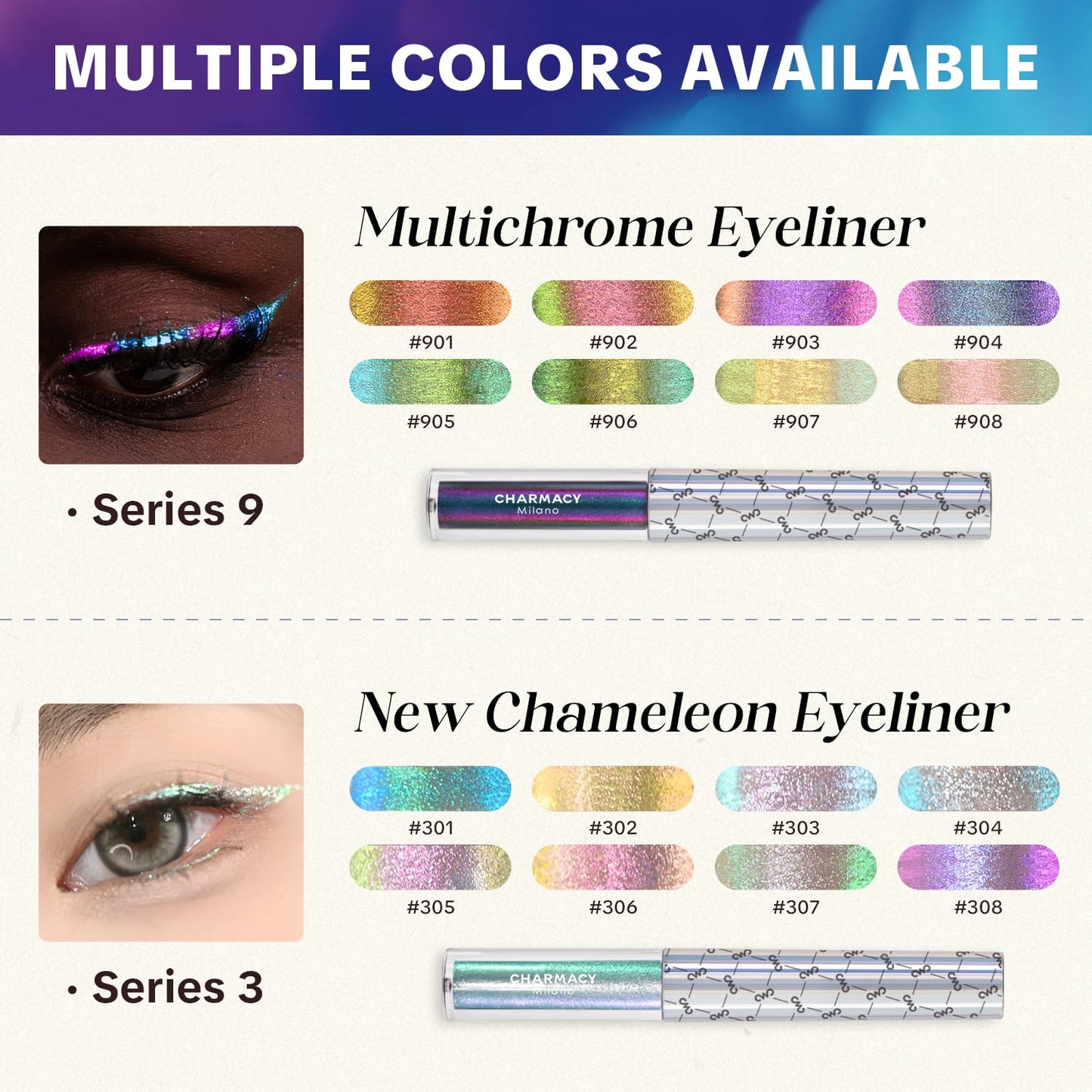 CHARMACY Chameleon Liquid Eyeliner, Liquid Glitter Eyeliner, Highly Pigmented, Metallic MultiColor Shifting waterproof Eyeliner, Ultra-Fine Tip, Longwearing, Smudge-proof (#304)