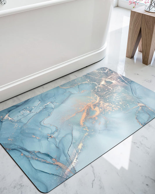 DEXI Bathroom Mat Ultra Thin, Non Slip Bath Rug for Shower Floor, Absorbent Quick Dry Marble Bathmats Low Profile, 16x24, Blue