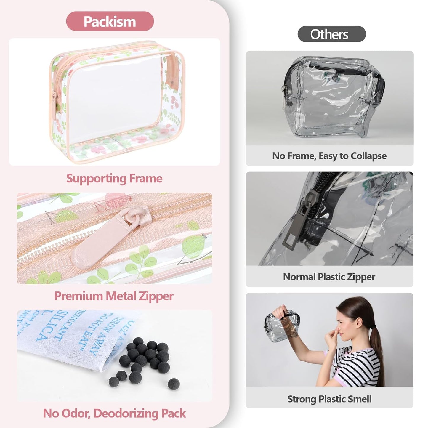 PACKISM TSA Approved Toiletry Bag - Pink Floral Print Clear Travel Bags, Suitable for Gifts, with Supporting Frame, Perfect for Travel Essentials, Thick No Smell