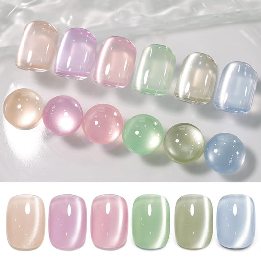 Born Pretty Pastel Magnetic Gel Nail Polish,Water Light Cat Magnetic Eye Gel Jelly Glass Crystal Nail Polish Glitter Shimmer Auroras Magnetic Gel Nail Art Manicure Kit 6PCS