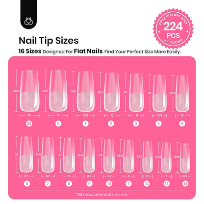 Beetles Tipex Nail Tips Kit, Long Square-C Curved Half Matte Nail Tips 224 Pcs 16 Sizes Pre Building Fake Nails with Tipex Nail Glue, Mini Nail Lamp - Thick Acrylic Nail Set