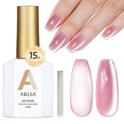 AILLSA Glass Cat Eye Gel Nail Polish, 15ml Pink Glitter Jelly Sheer Gel Polish, Translucent Magnetic Shimmer Sparkle Nail Art U V Salon 0.5 OZ GF36